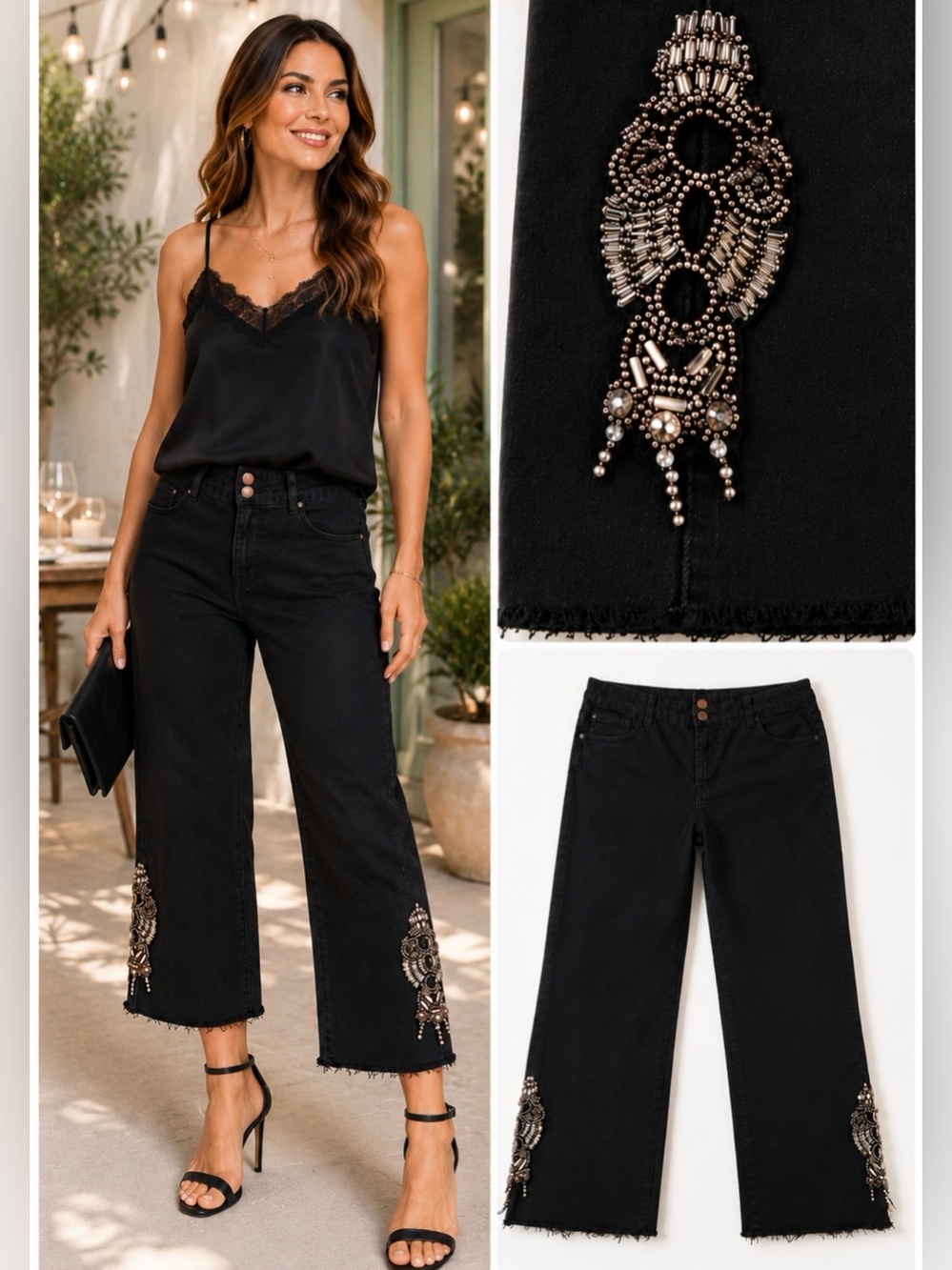 Soft Surroundings Black Beaded Raw Hem Crop Jeans Women’s Size Large💛